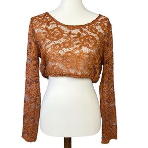 Cropped Long Sleeve Womens L/XL Top Floral Lace Unlined Pattern Burnt Orange New